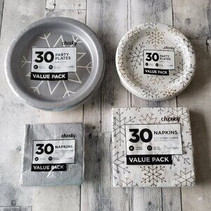 NWT - Sliver, Gold and White Snowflake Set of 60 paper Plates and Paper Napkins